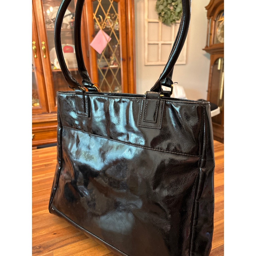 Estee Lauder Tote Bag Women Medium Black Good Patent Glossy Purple Lining Gold